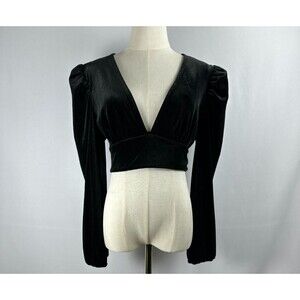 Black Velvet Crop Top Puff Sleeve Deep V Goth Y2K Party Blouse L Dark Coquette